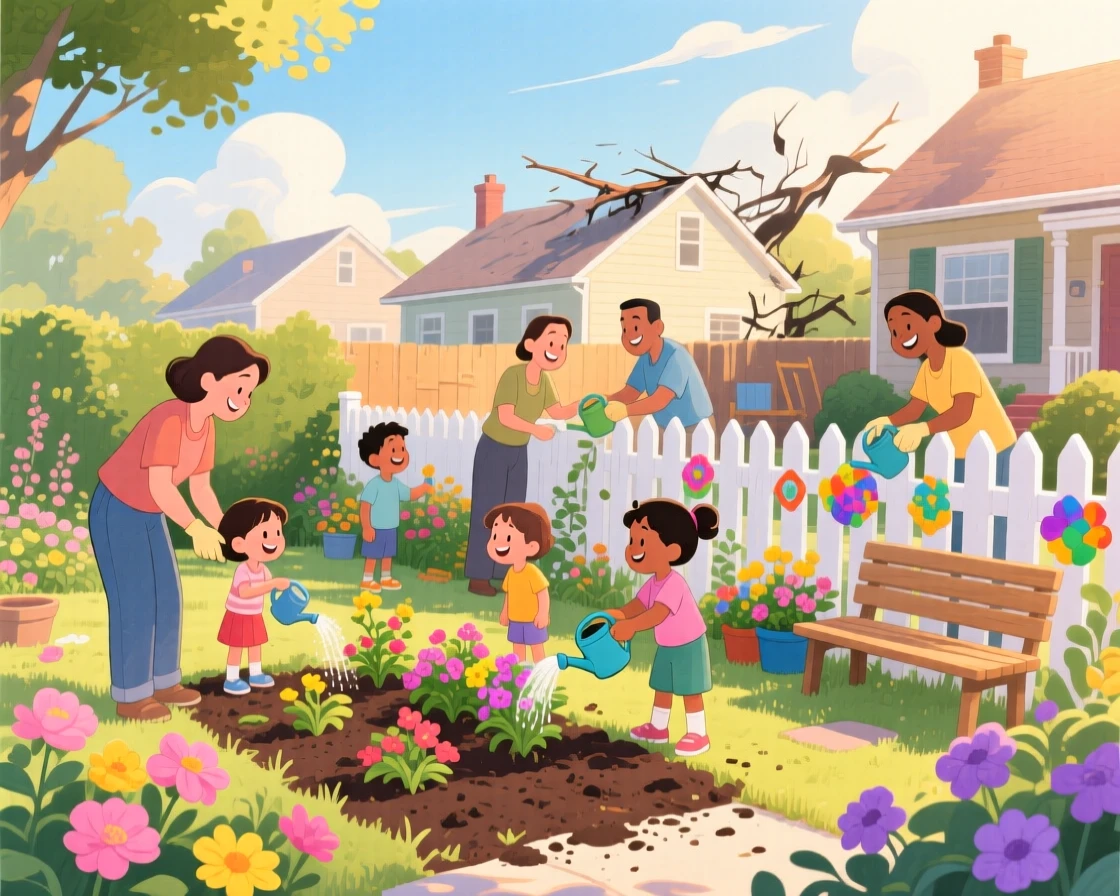 A community coming together to rebuild a neighbor's garden after a storm, bathed in warm afternoon sunlight, radiating kindness, hope, and heartfelt emotion.