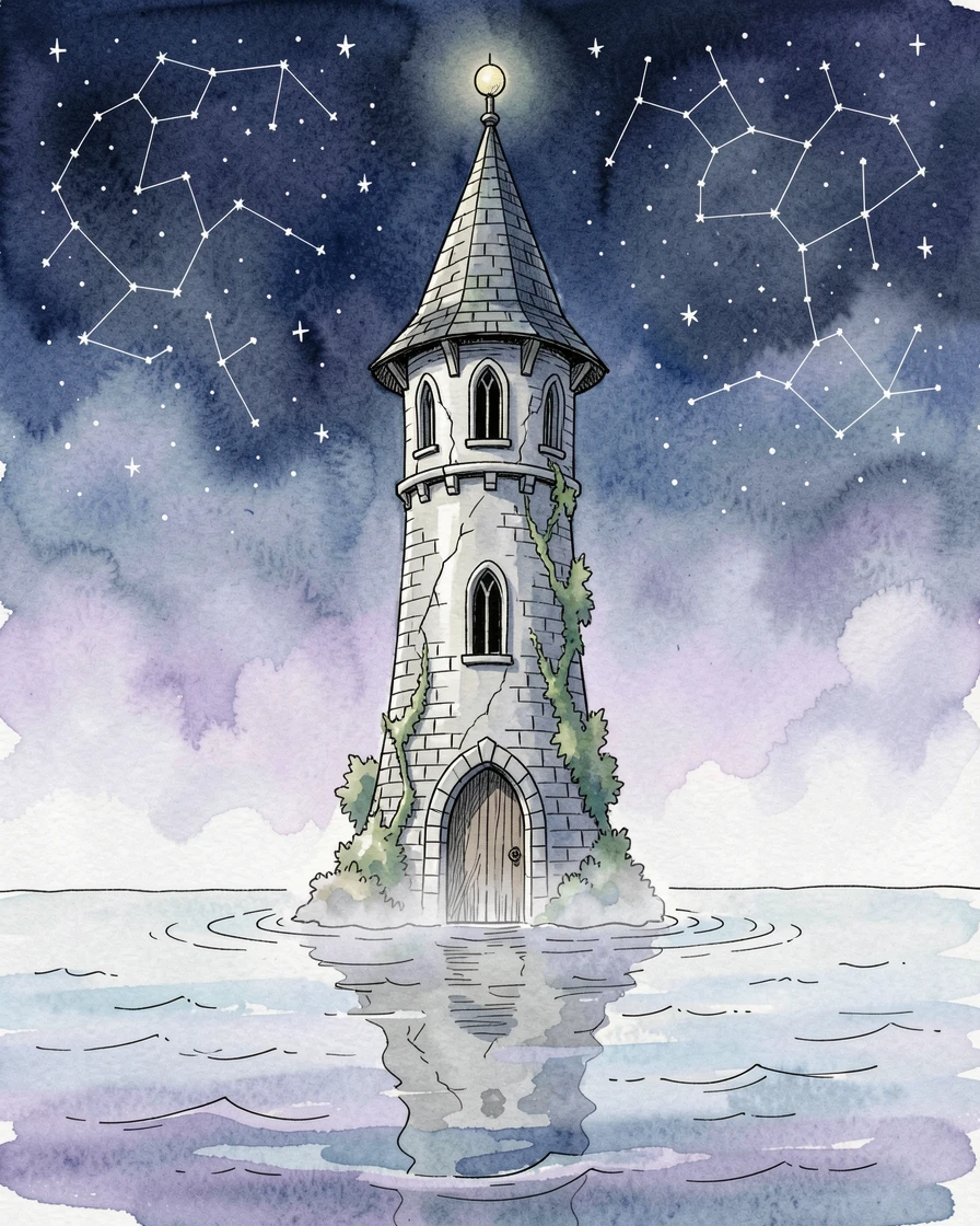 A wizard's tower rising from a misty lake under a sky full of stars, the atmosphere charged with quiet, ancient magic.