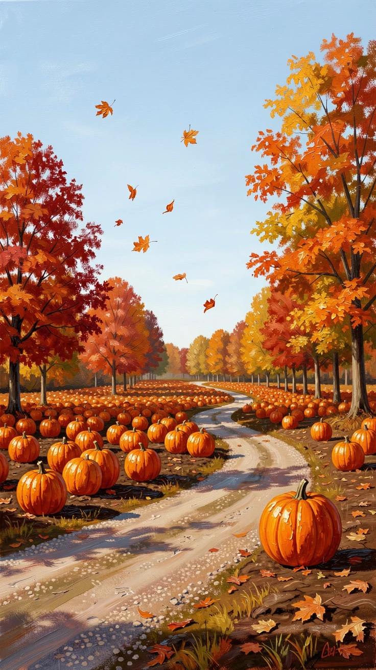 Beneath a crisp, clear autumn sky, a pumpkin patch under a crisp autumn sky, along a quiet country road lined with turning leaves, leaves drifting slowly to the ground.
