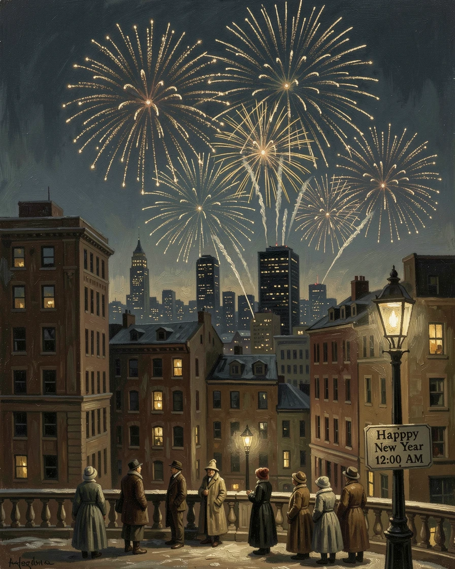 A New Year's Eve fireworks display lighting up a city skyline at midnight, as golden or twinkling light creates a magical atmosphere, designed to bring festive cheer to any home or gallery wall