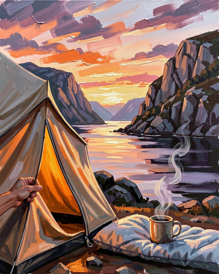 A camper unzips their tent to reveal a stunning sunrise over the fjords of Norway, coffee steaming in a mug beside the sleeping bag, the changing light of the hour adding a sense of urgency and beauty to the scene.