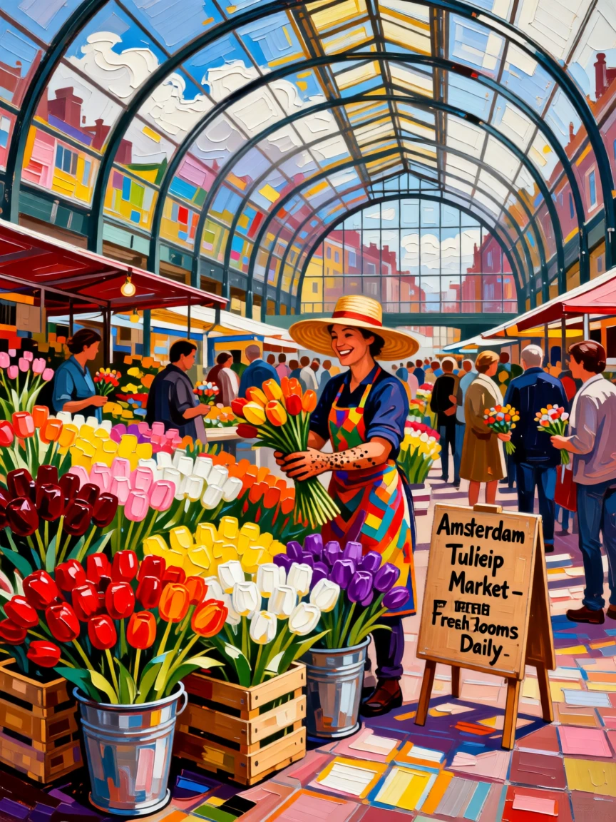 A flower market in Amsterdam ablaze with tulips of every color under a glass roof