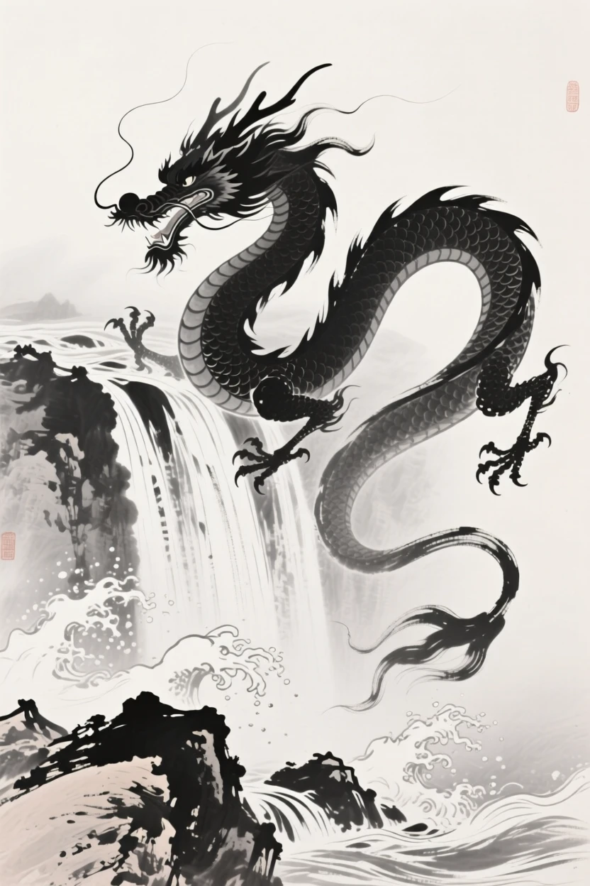 A dragon emerges from a churning waterfall, scales glinting in the light, as waves crash against the rocks far below.