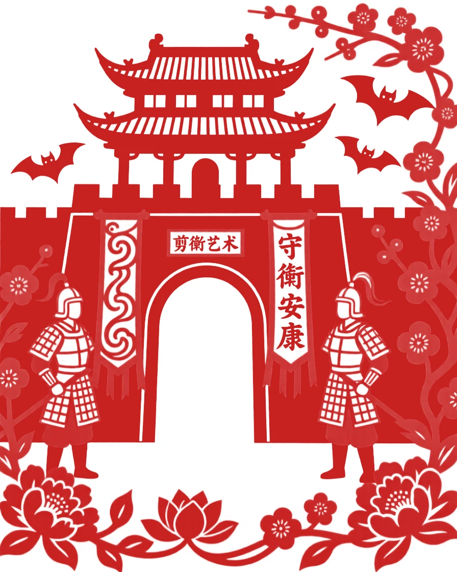 An ancient city gate with a watchtower silhouette, guards standing at attention beneath a banner-hung archway
