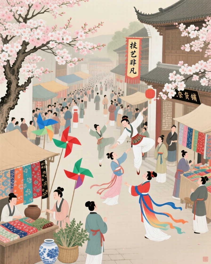 A temple fair crowded with vendors, acrobats, and paper windmills, framed by blossoming trees along the street