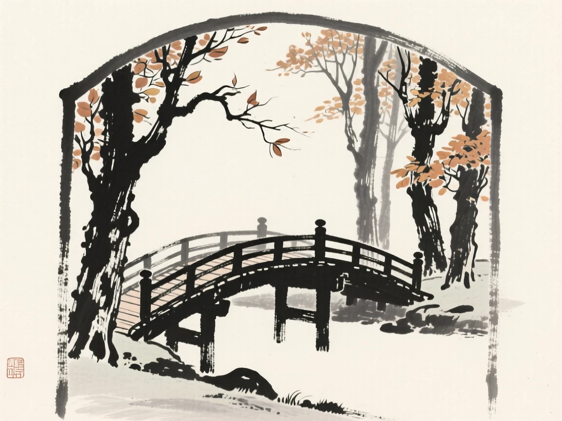 An old covered wooden bridge framed by tall autumn trees, framed through an archway or gate for depth, carrying a sense of sacred stillness.