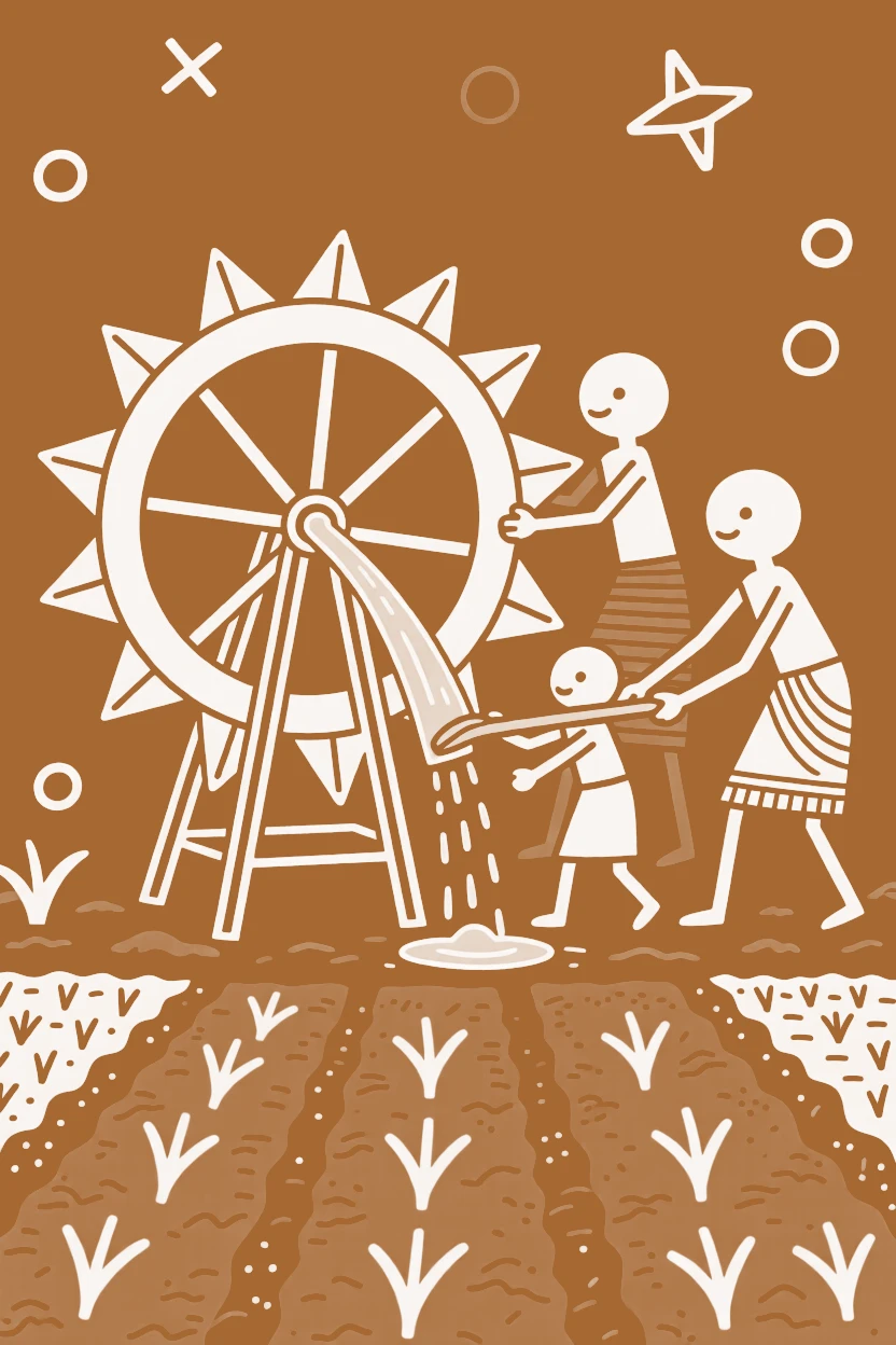 A farming family irrigating a field using a hand-drawn water wheel.