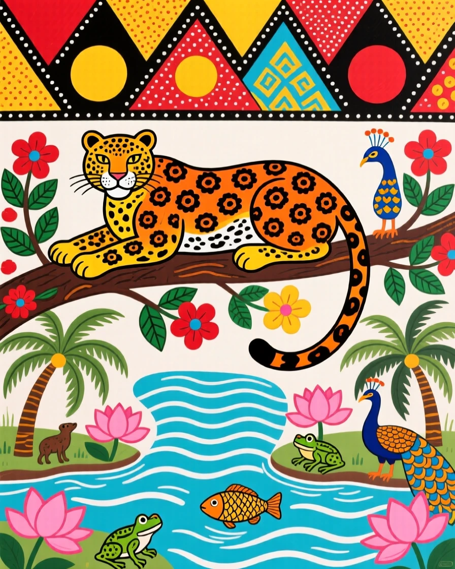 A jaguar resting on a low branch overlooking a quiet river.
