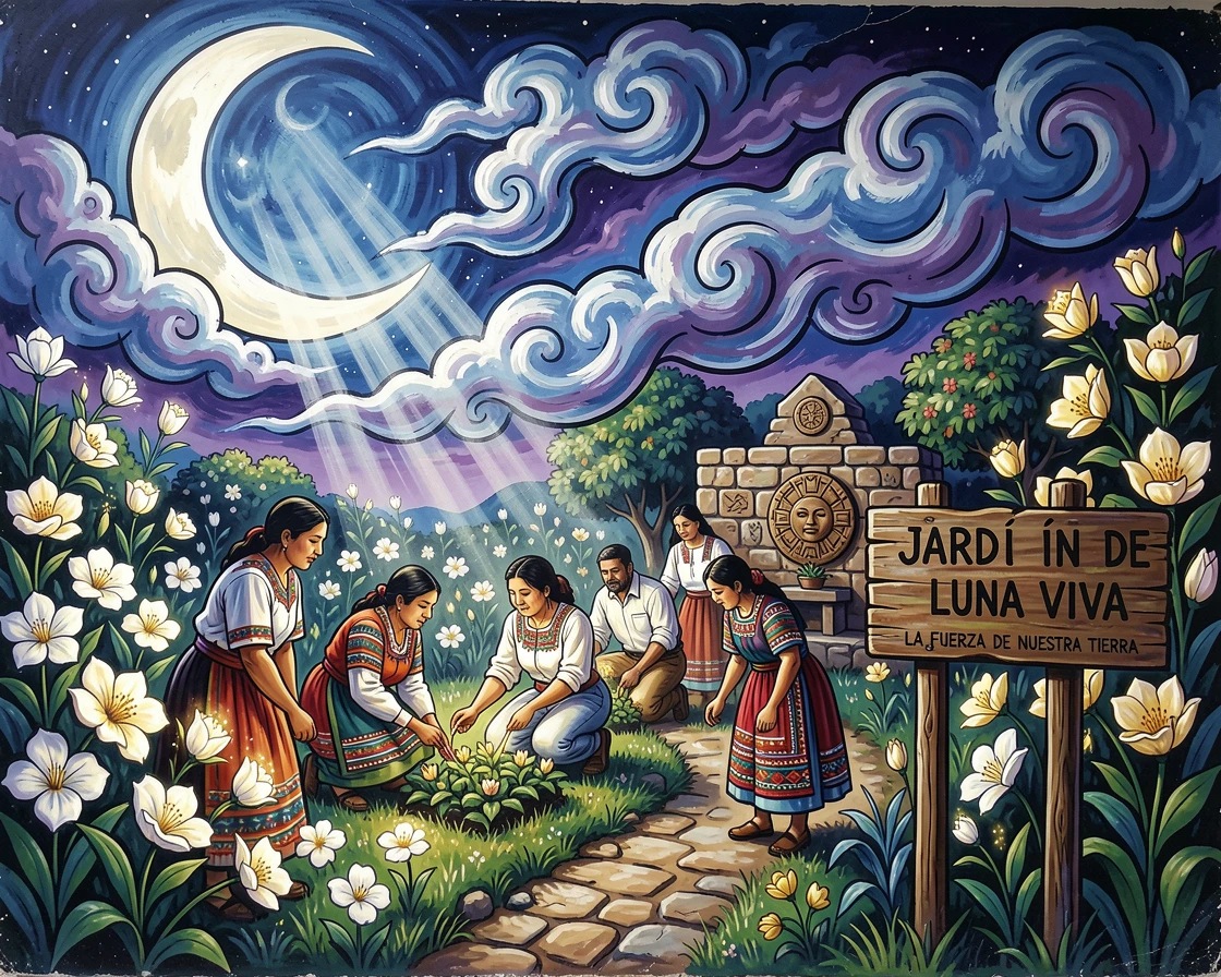 A moonlit garden with white flowers glowing softly at night