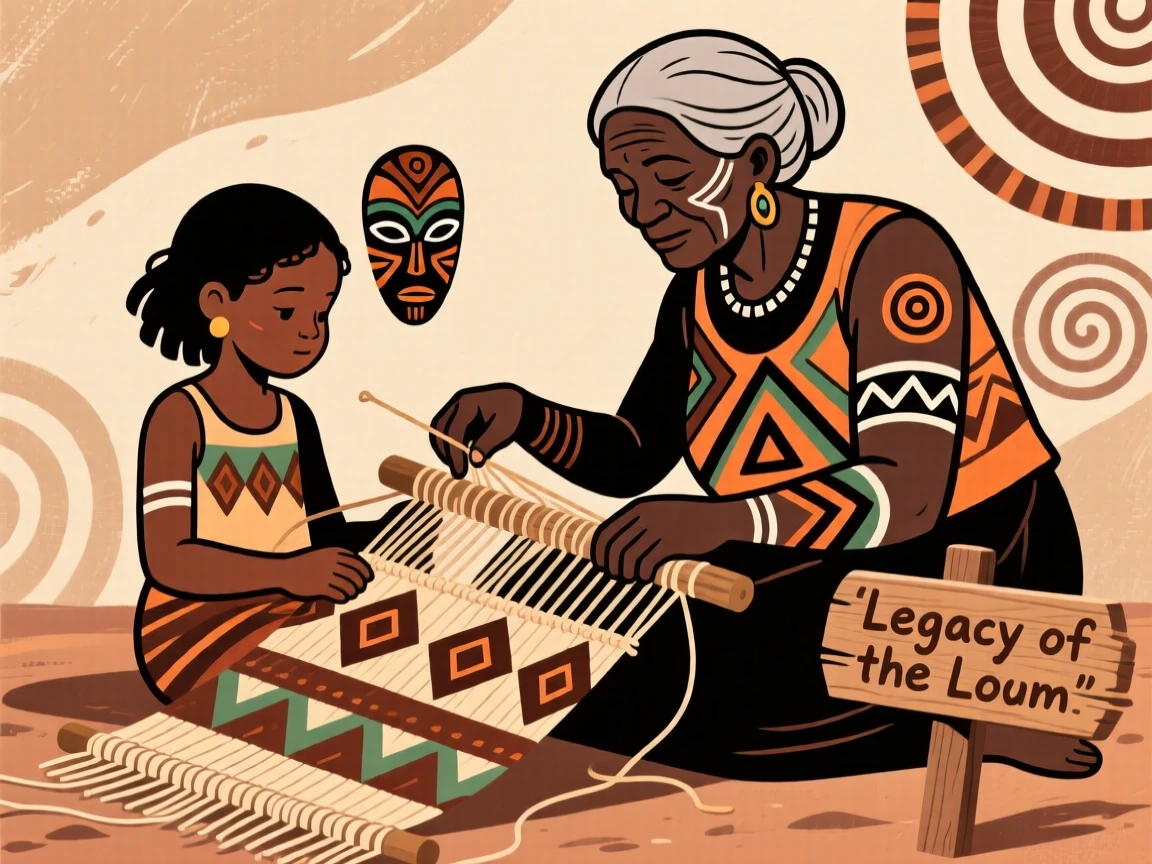 A young girl learning to weave a mat from her grandmother.