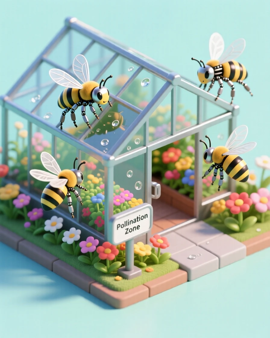 A robotic bee colony pollinating a vibrant greenhouse garden, tiny mechanical wings buzzing softly among the blossoms.