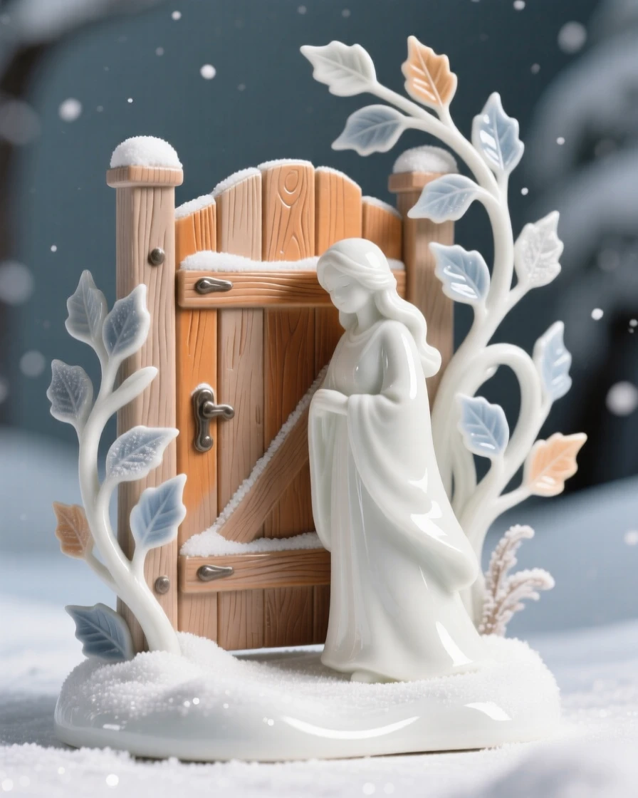 A cozy winter moment: leaves swirling around a rustic wooden gate, evoking warmth and nostalgic comfort.
