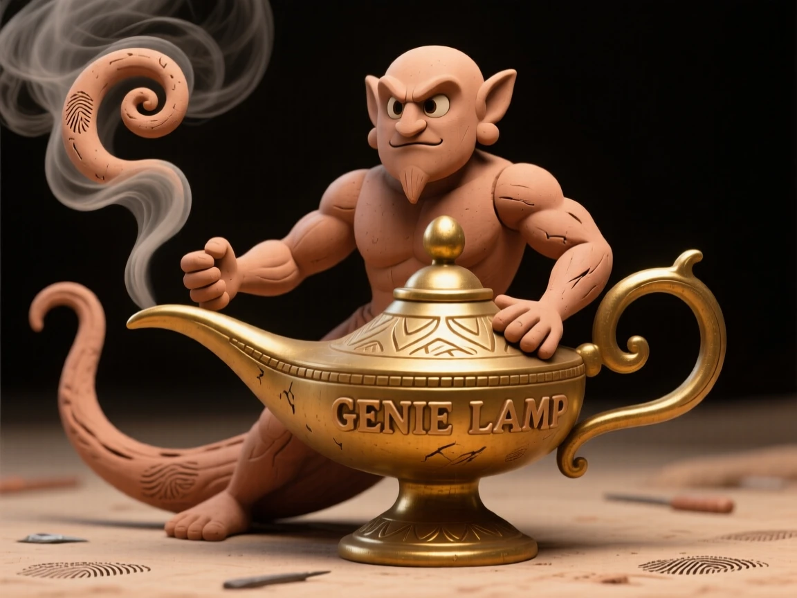 A jinn emerging in swirling smoke from an ornate brass lamp