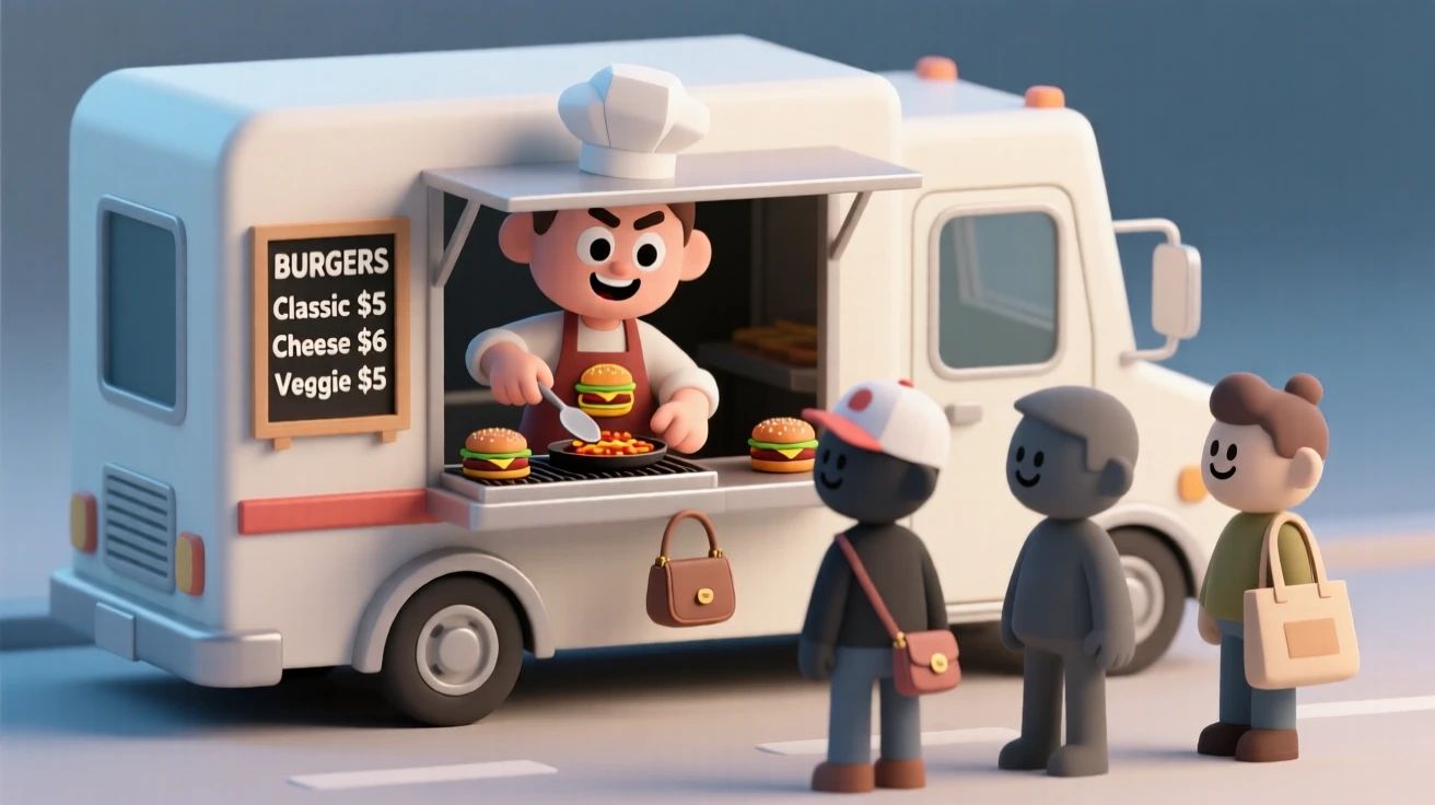 A determined food truck owner flips sizzling burgers while chatting cheerfully with a line of hungry customers.