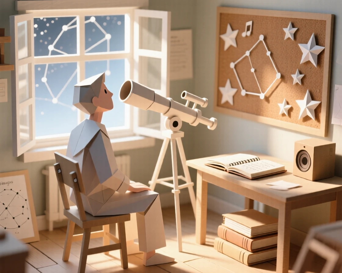 A passionate stargazer working in a sunlit studio, with soft music playing in the background, evoking calm and personal fulfillment.