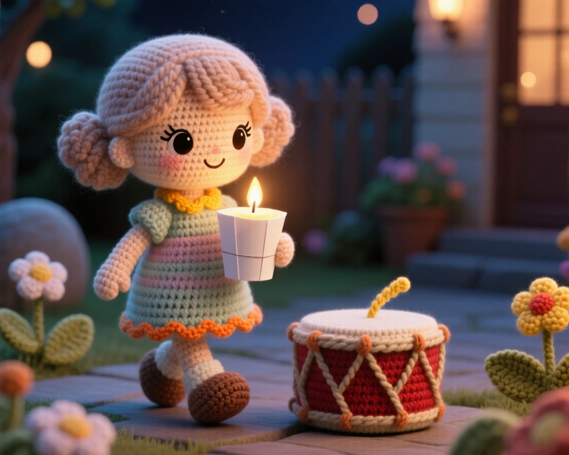 a little girl holding a candle in a paper cup, for a evening vigil celebration, walking quietly with a gentle glow, at a cozy family courtyard set for a celebration, with a small drum resting nearby, radiating heartfelt togetherness during a special gathering.