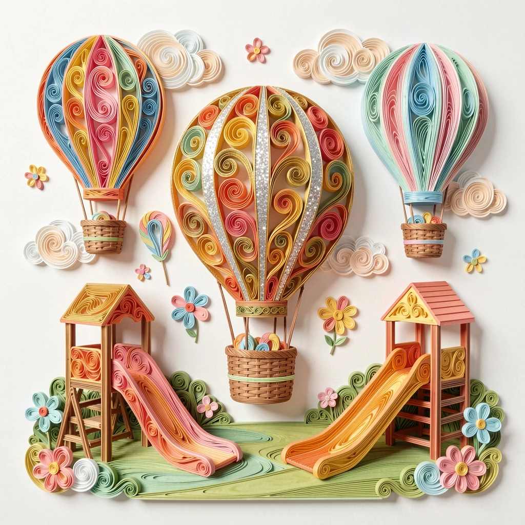 A whimsical children's scene of a candy-colored hot air balloon festival on a sunny playground with swings and slides, in warm sunny tones of gold and coral, composed with a friendly, inviting central focal point.