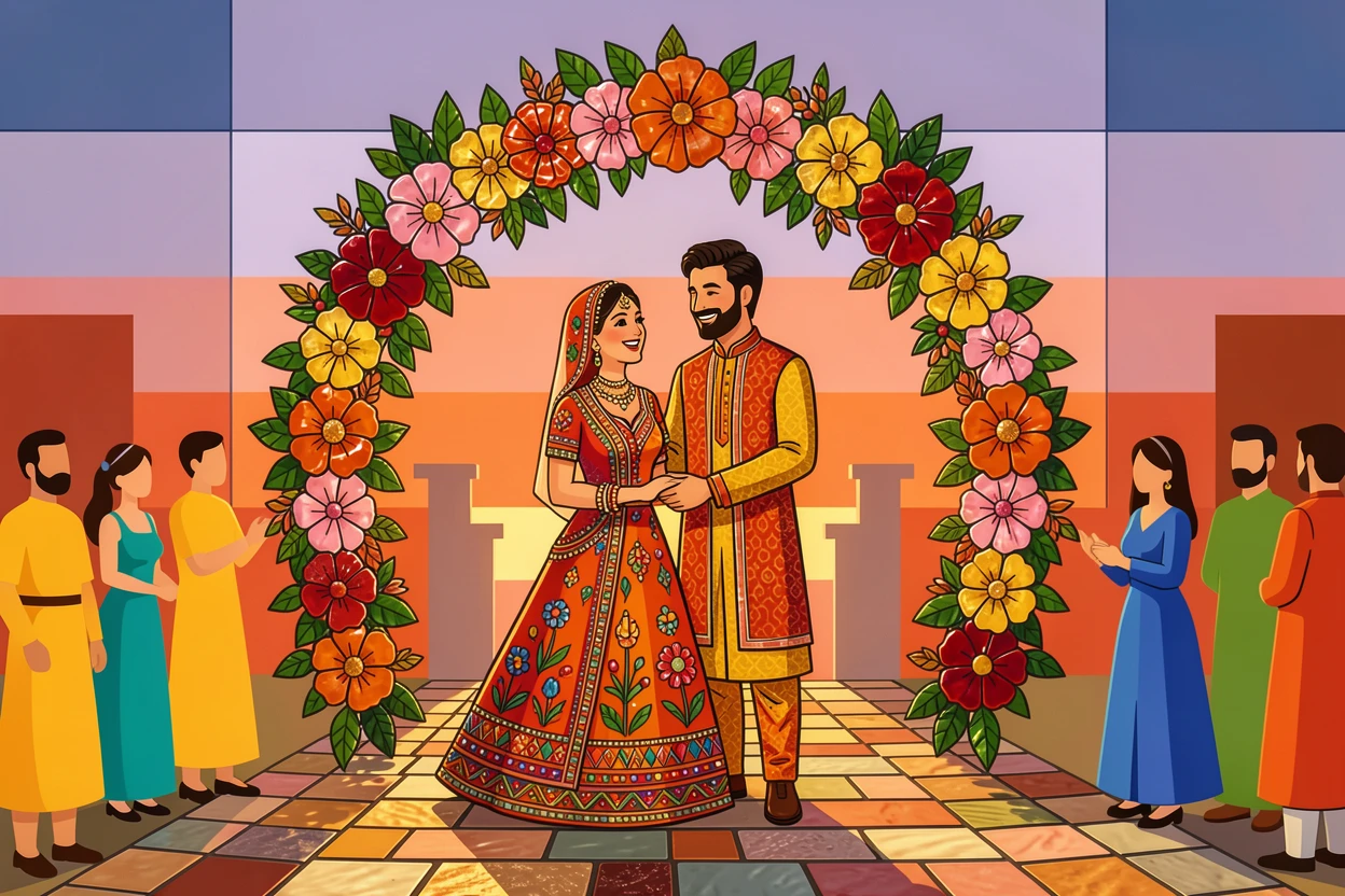 A vibrant, festive scene of a joyful outdoor summer wedding beneath a floral arch at sunset, rich in color and cultural detail.