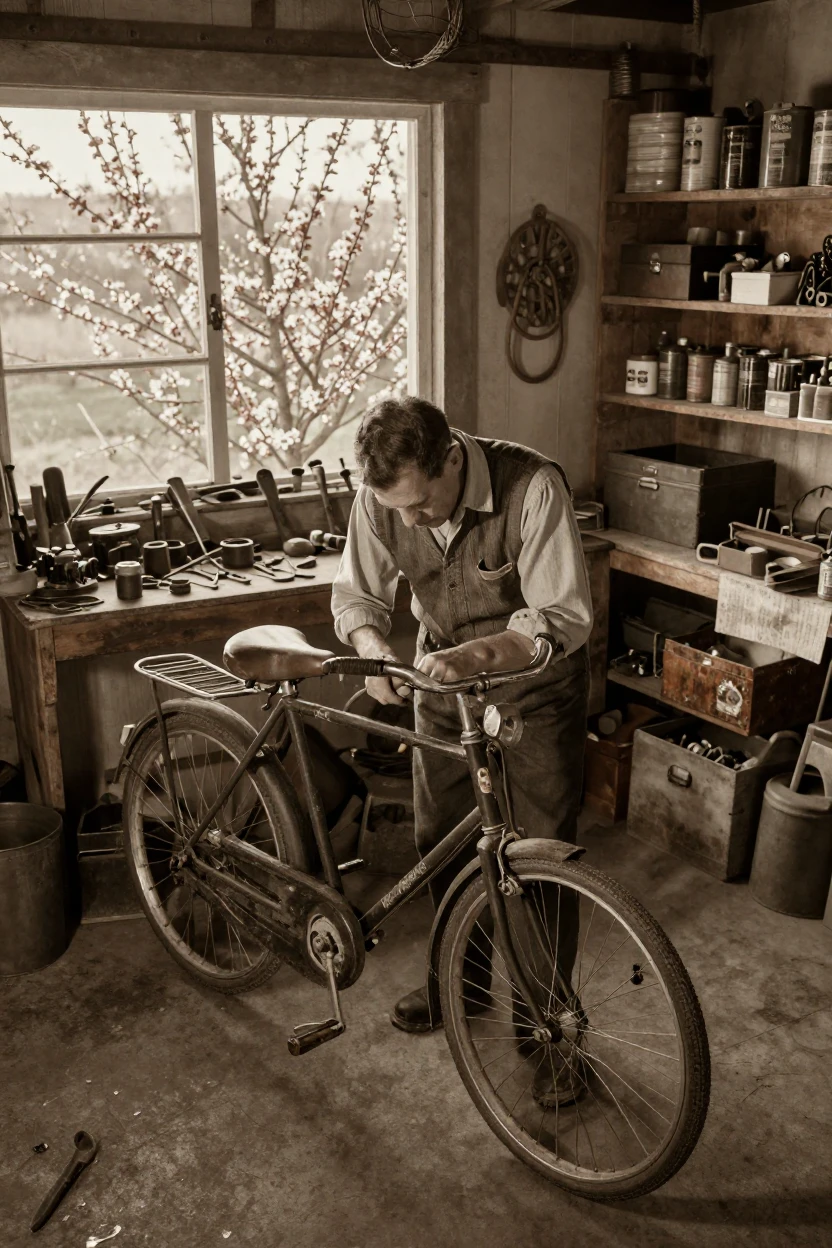 A man repairing an old bicycle in a cluttered garage, in the pale light just before sunrise, on a clear, cloudless day, as spring blossoms unfurl, with a soft sepia-tinted glow, shot from directly overhead.
