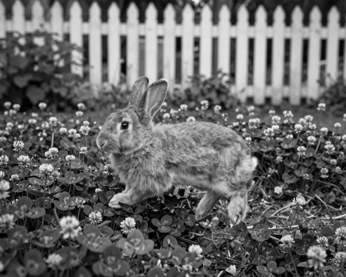 A pet rabbit hops through a garden of clover in a fenced backyard garden.