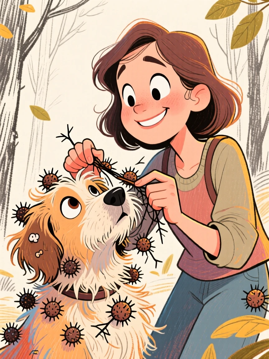 A woman gently untangling burrs from her dog's fur after a walk in the woods.