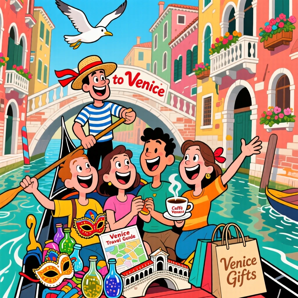 An iconic travel scene featuring a group of friends riding a gondola through the canals of Venice, with souvenirs already piling up in their arms.