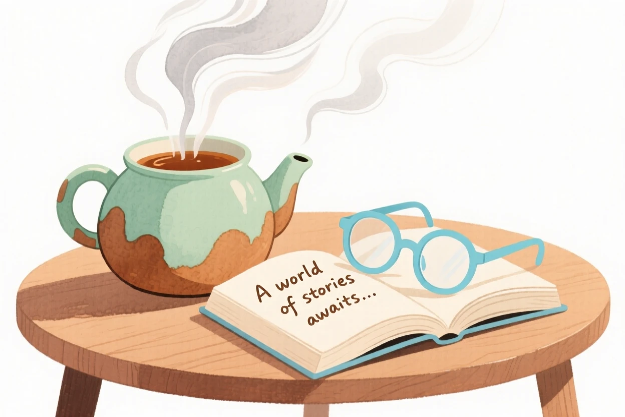 A cozy, appetizing, warm and inviting scene of a steaming pot of tea beside an open book and reading glasses