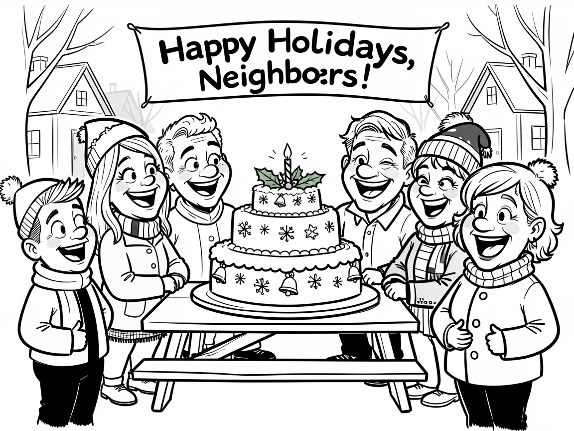 [Seasonal Holidays & Celebrations] Festive scene of a joyful neighborhood block party sharing a giant celebratory cake, full of celebration and joy