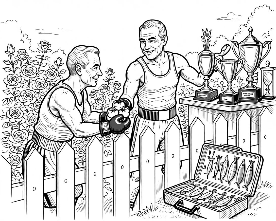 A retired boxer showing old trophies with pride, passing tomatoes over a fence with a friendly nod, set in a garden bursting with prize roses. A tackle box sits open, lures gleaming in the sun. There's a gentle, timeless warmth to the whole moment.