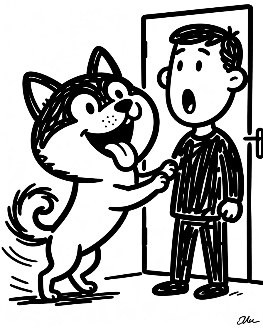 A shiba inu excitedly greeting its owner at the door after a long day, tail a blur.