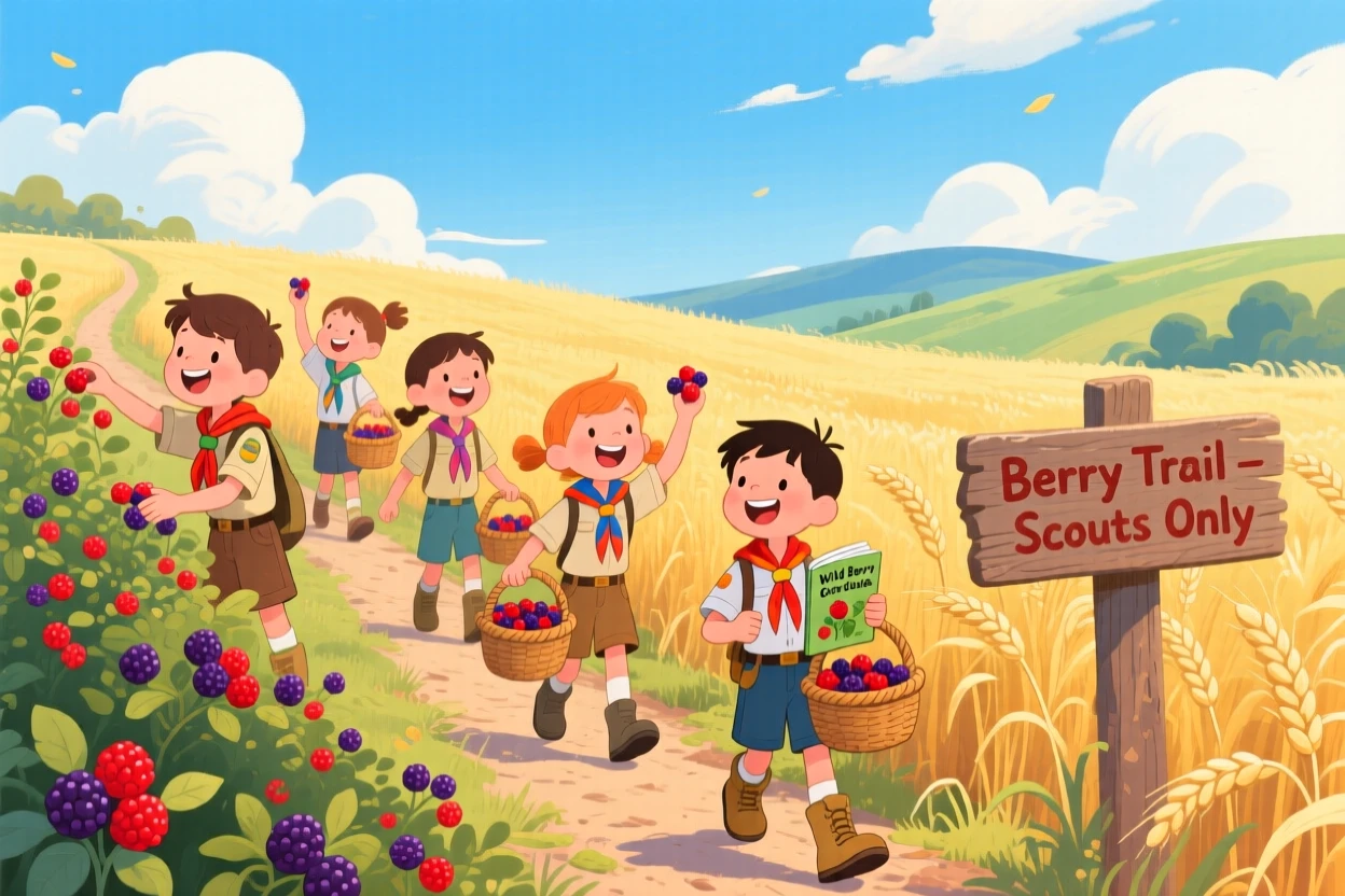 An adventurous scout troop spends the day picking wild berries along a sunny trail through a golden wheat field, as clouds cast slow shadows across the hills.