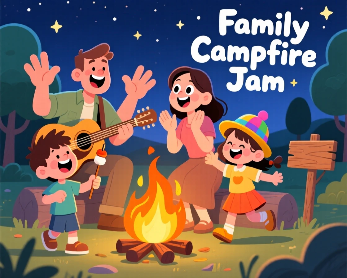 A family singing together around a campfire with a guitar.