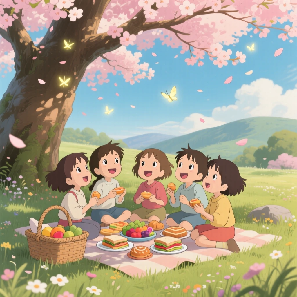 Children having a picnic under a blossoming tree, the moment bright with youthful wonder.