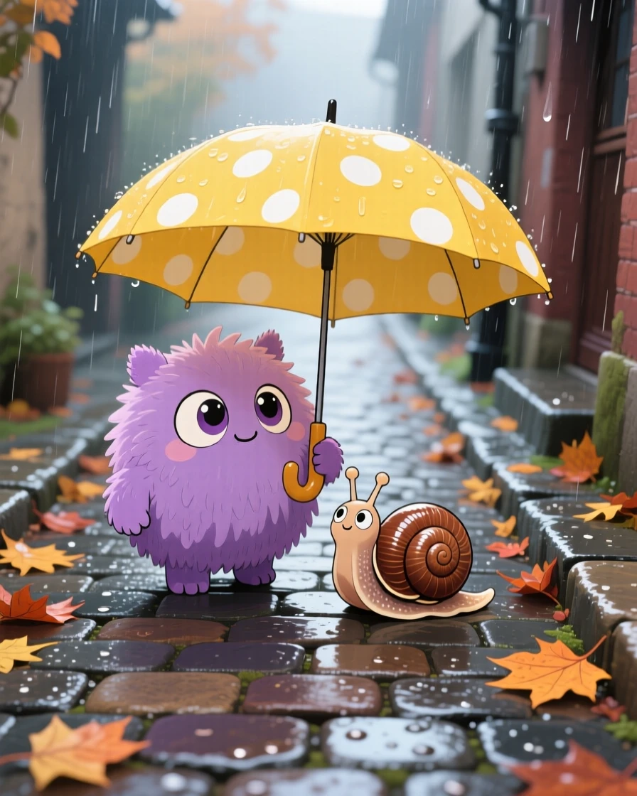 A small fuzzy monster sharing its umbrella with a snail, framed as a bird's-eye view within a rainy cobblestone alley, on a crisp autumn afternoon, glowing under diffused overcast light, evoking quiet contentment.