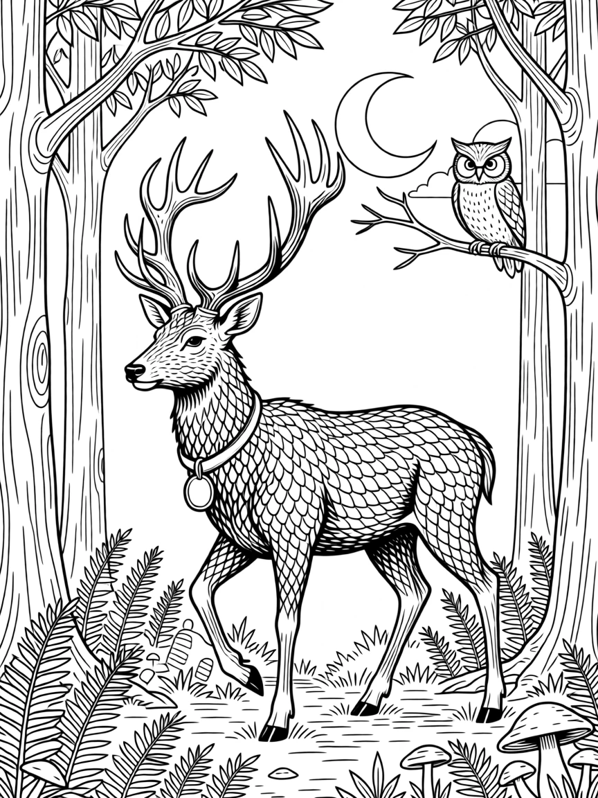 A stag with towering antlers prowling through a moonlit forest, with scales that catch glints of light.