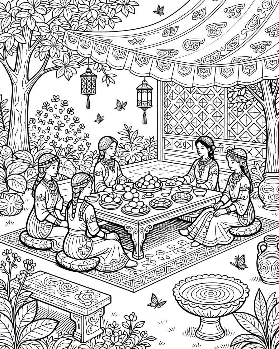 A traditional miniature painting scene of a garden feast.