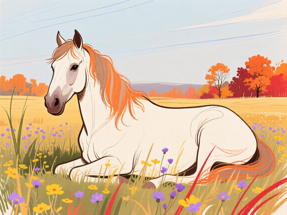 A wild mustang resting near a wildflower field on a crisp autumn day.