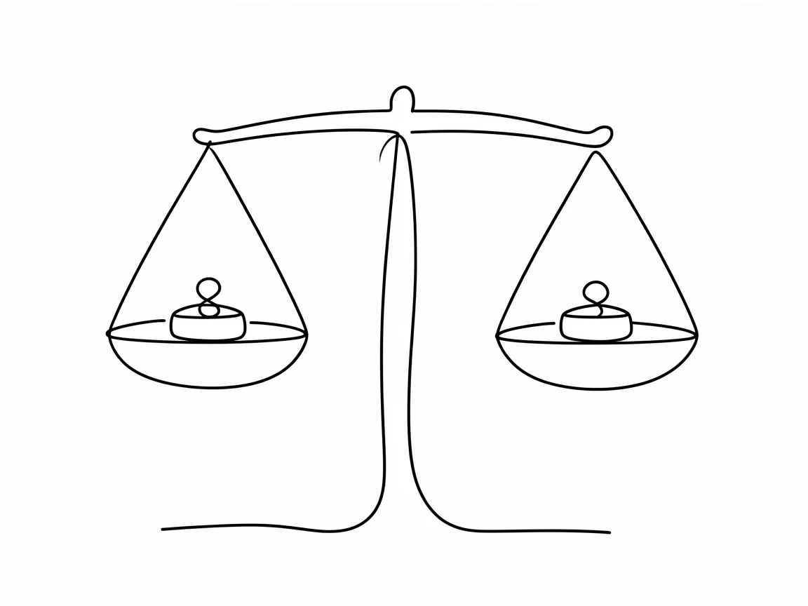 A pair of scales balanced perfectly with weights on each side, representing justice