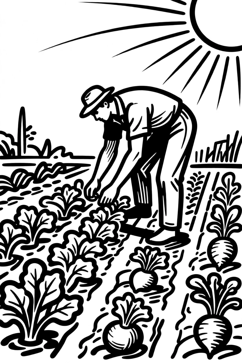 A gardener tending rows of vegetables in a sunlit backyard plot.
