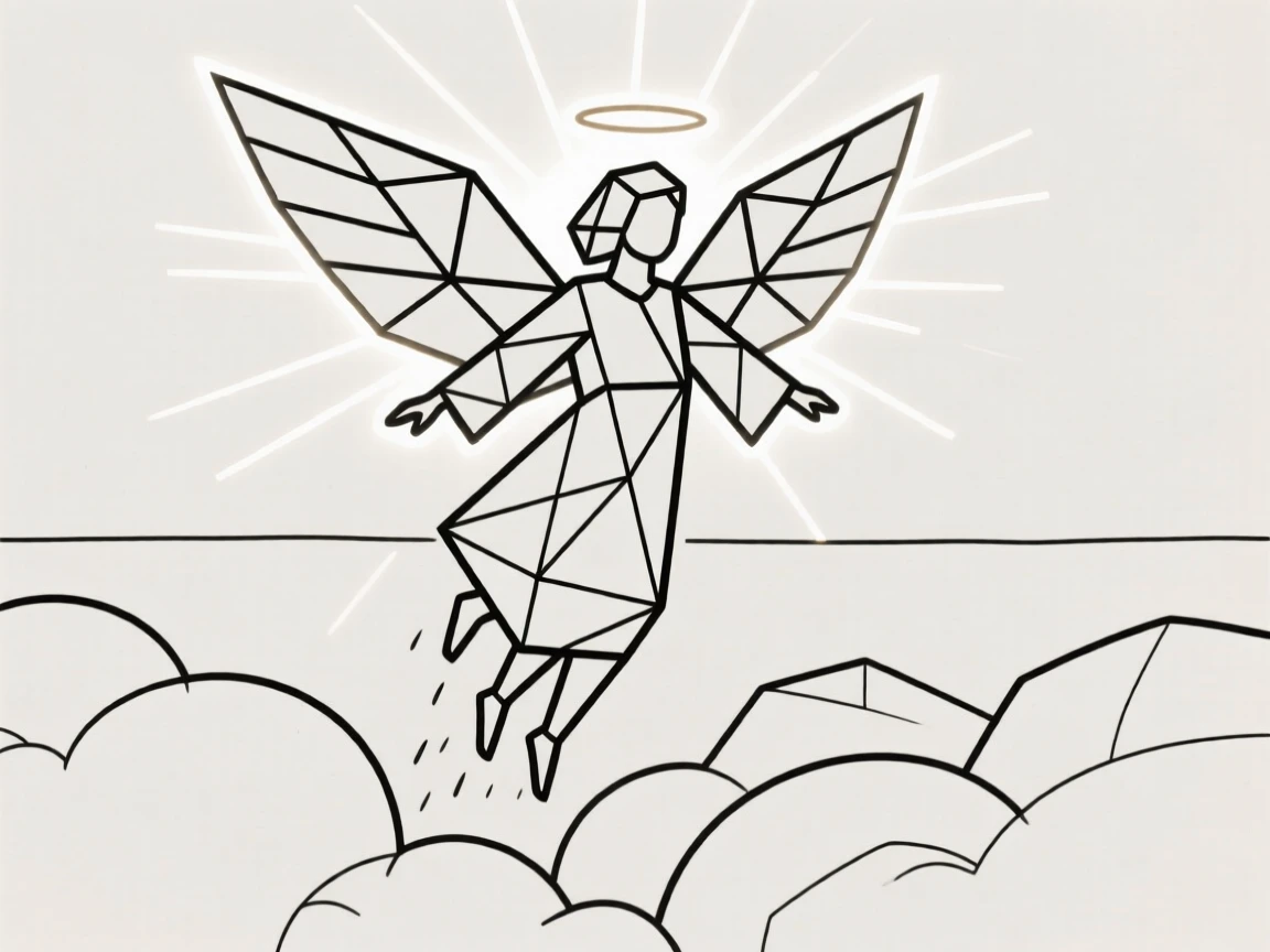 A celestial angel with glowing wings descending from clouds
