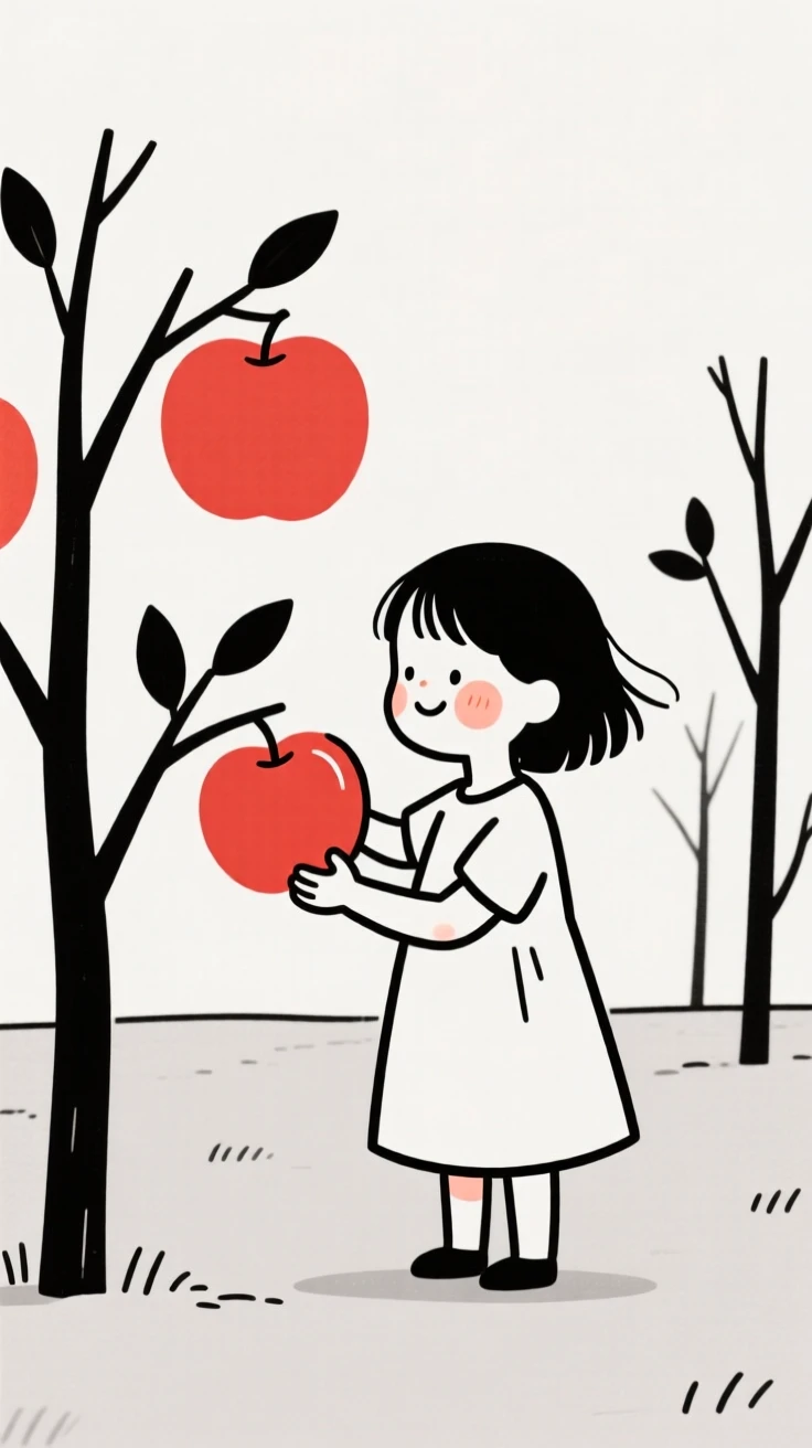 A young girl picking apples in an orchard.