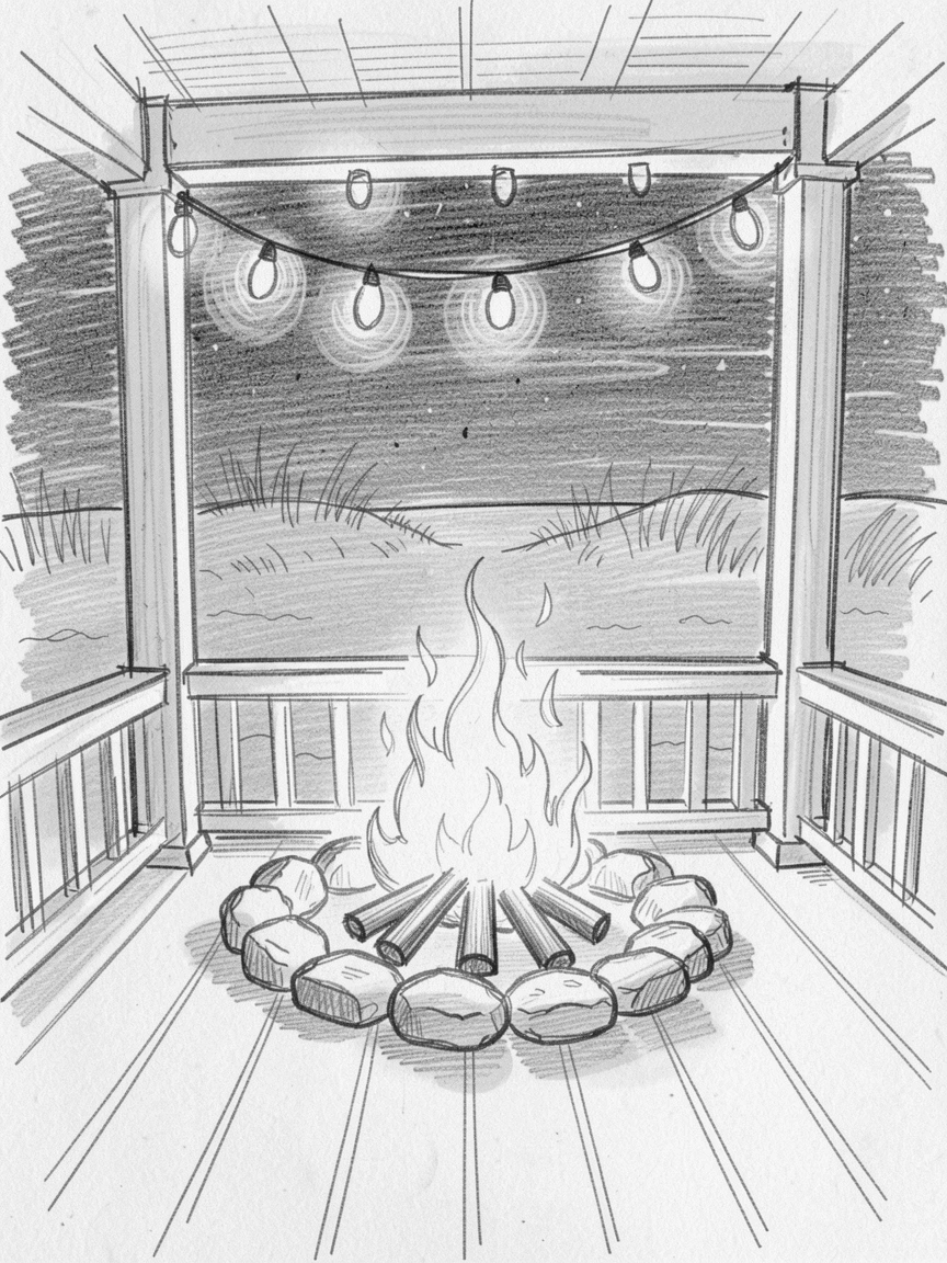 A beach bonfire on a warm summer evening, on a decorated porch, with twinkling lights glowing warmly.