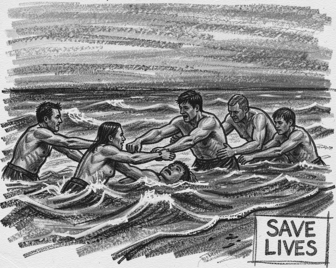 A group of strangers forming a human chain to save a swimmer, beneath a sky streaked with sunset colors.