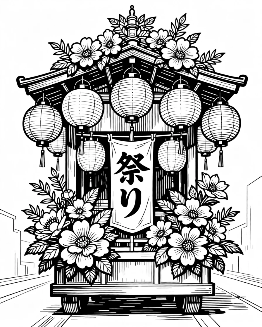 A colorful traditional festival float decorated with flowers and paper lanterns.