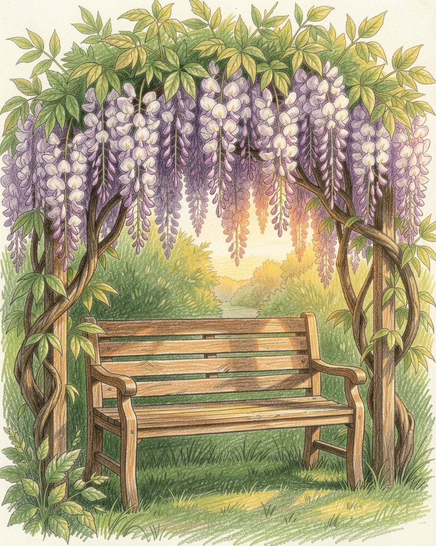 A garden bench nestled beneath a flowering wisteria arbor, bathed in the warm glow of golden-hour light, evoking warmth, beauty, and a lasting sense of wonder.