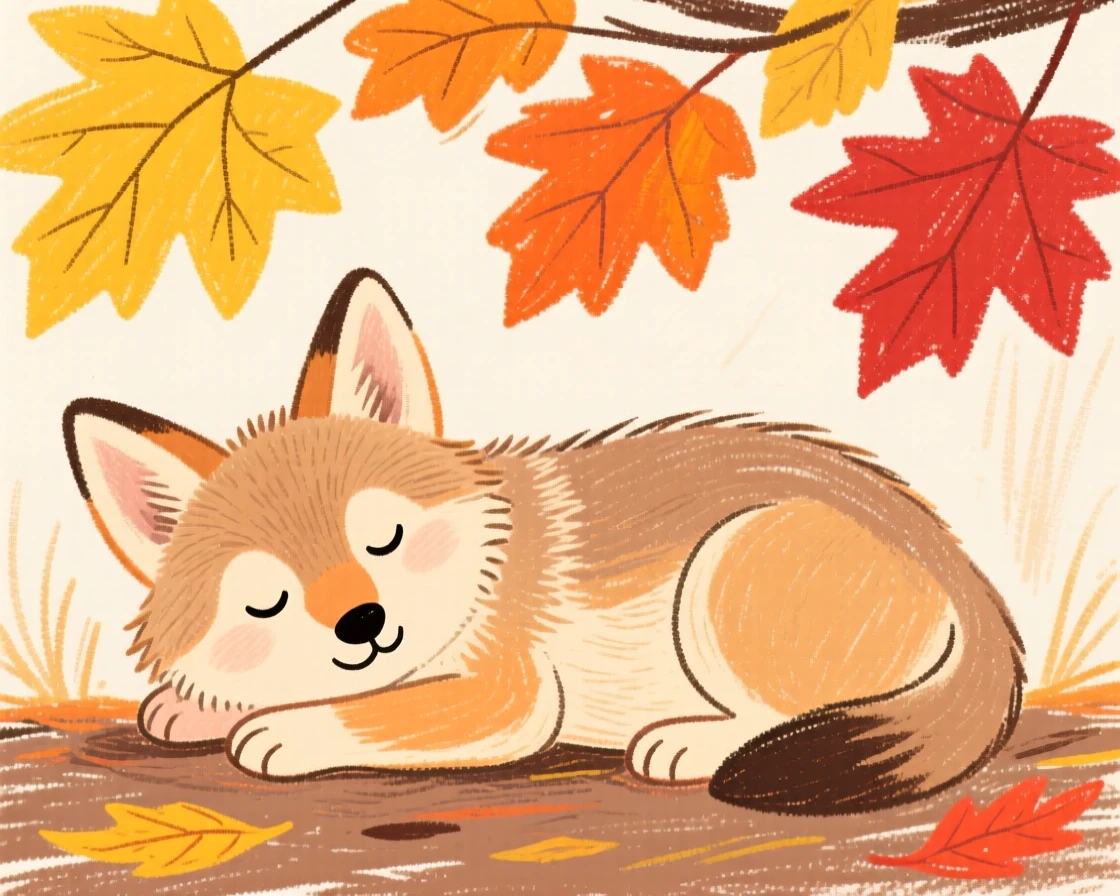 A coyote pup resting quietly beneath a canopy of autumn leaves.