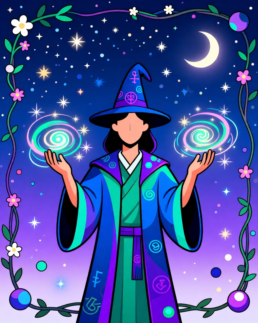 A wizard casting a spell with sparkling magic swirling around their hands, set against a starry night sky filled with soft color, framed with a whimsical, imaginative composition, with rich jewel tones that evoke wonder and imagination.