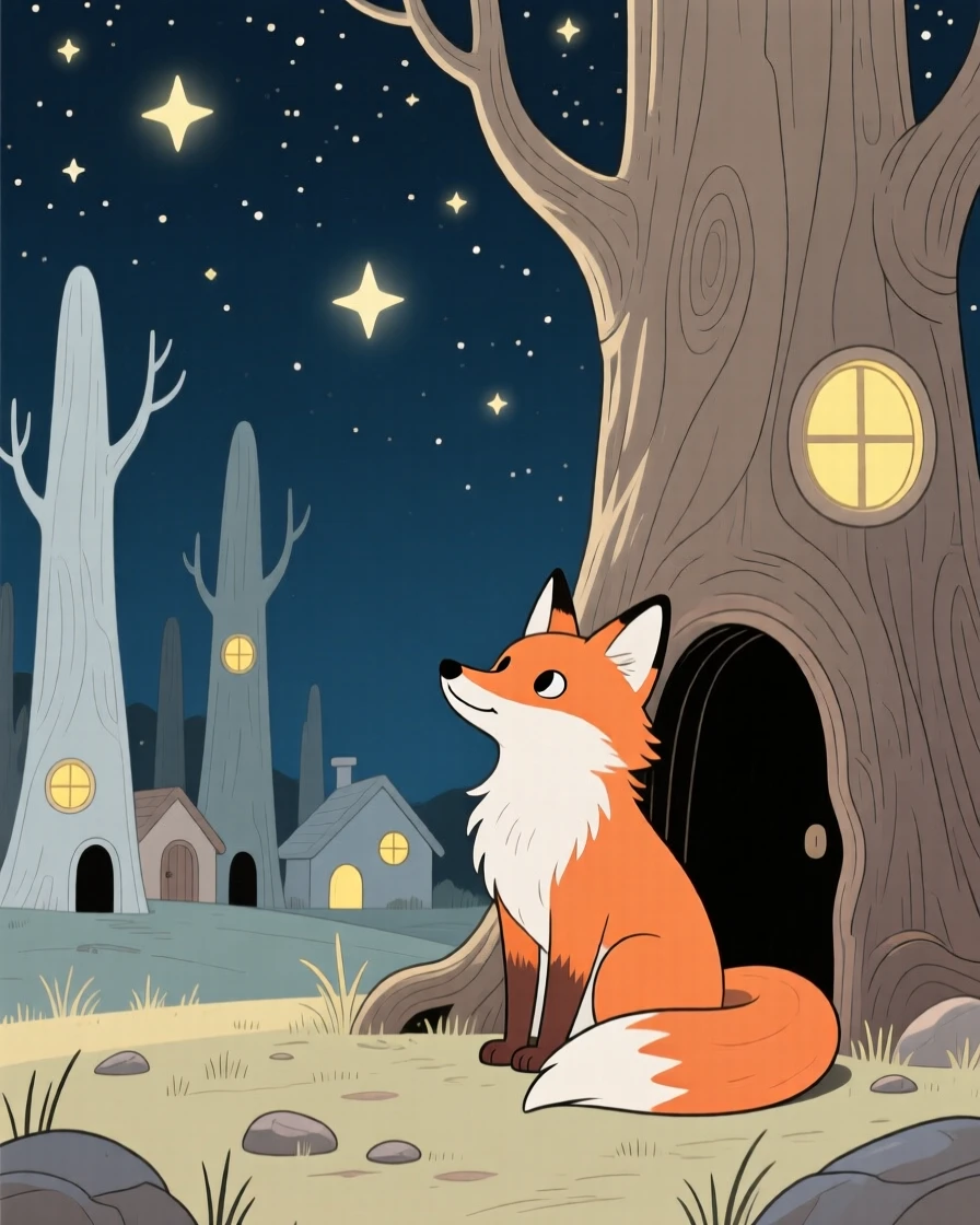 A talking fox spirit watching the stars near a hollow tree village.
