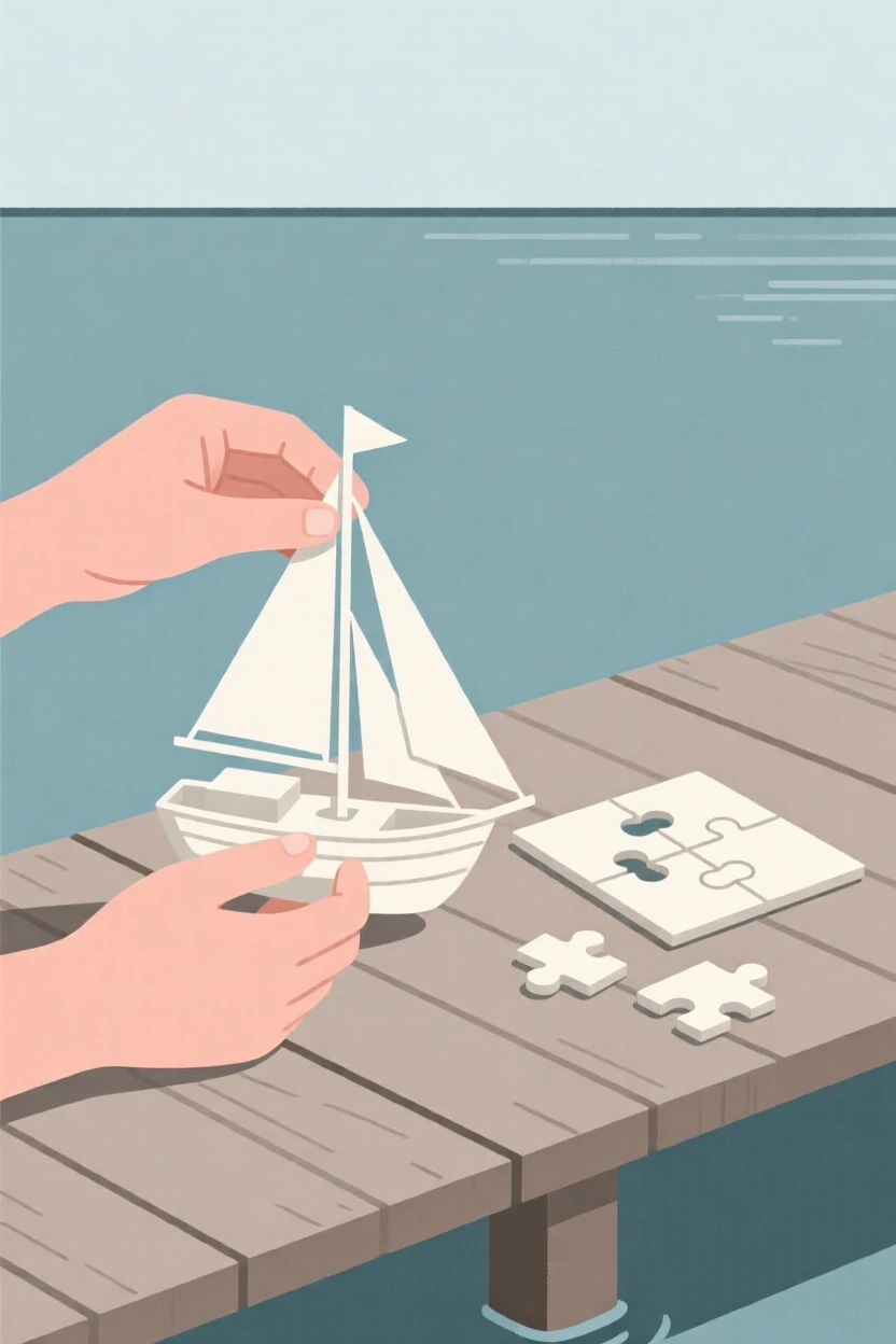 A close view of hands building a model ship near a half-finished puzzle in a lakeside dock, full of peaceful absorption.