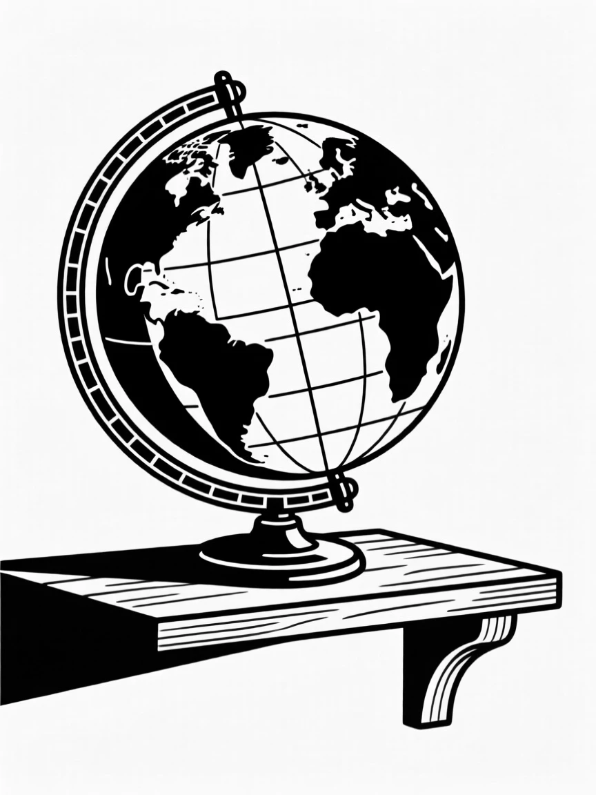 An antique globe resting on a wooden shelf.